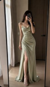 Sage Green Ruched Satin Slit Maxi Dress