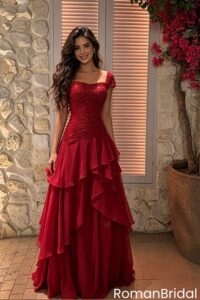Ruby Red Sequin Layered Ruffle Gown