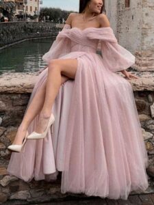 Blush Pink Off-Shoulder Glitter Tulle Gown