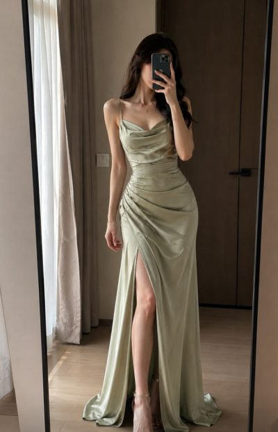 Sage Green Ruched Satin Slit Maxi Dress