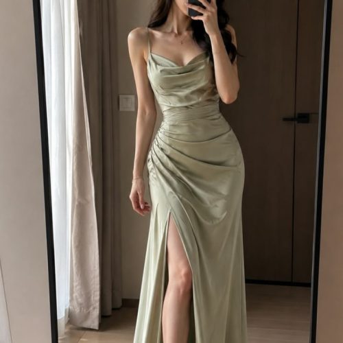 Sage Green Ruched Satin Slit Maxi Dress