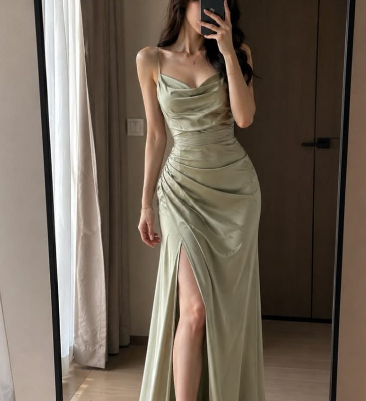 Sage Green Ruched Satin Slit Maxi Dress