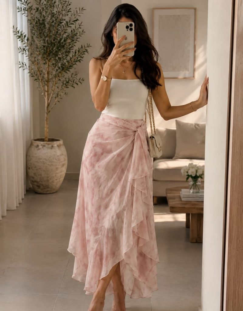 Blush Pink Tie-Waist Wrap Maxi Skirt