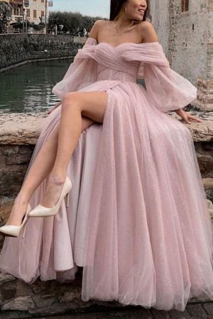 PINK TULLE LONG PROM DRESS, PINK TULLE LONG…